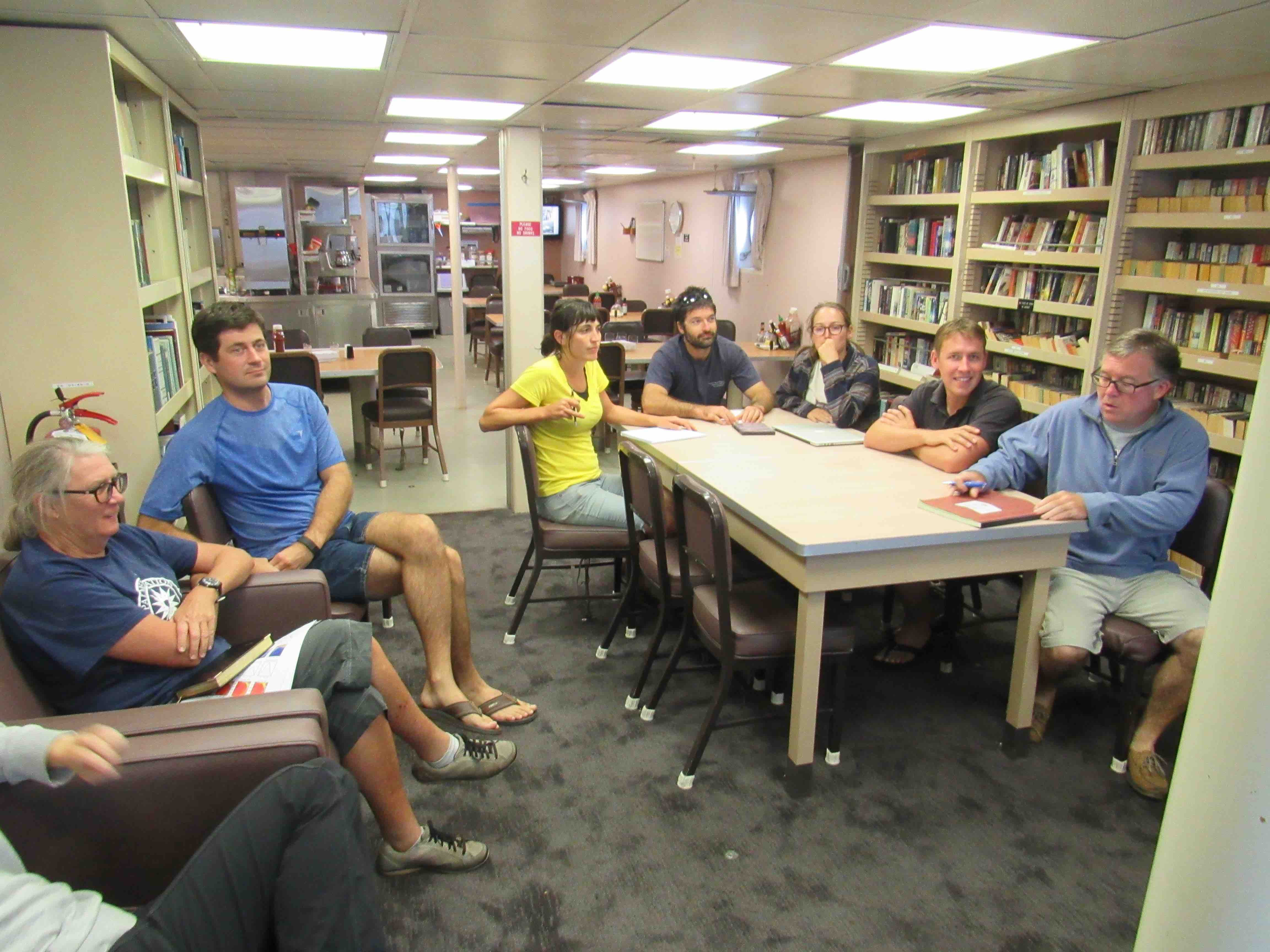 SPURS-2 planning is a daily occurrence in the R/V Revelle library. From left to right: Janet Spintall, Denis Volkov, Kyla Drushka, Ben Hodges, Audry Hasson, Julian Schanze and Jim Edson.