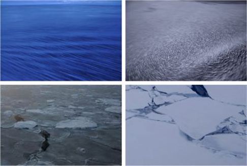 Early stages of sea ice growth: nilas (top left), pancake ice (top right), young grey-white ice (bottom left) and first-year ice (bottom right). The top photos are courtesy of Jean Mensa.
