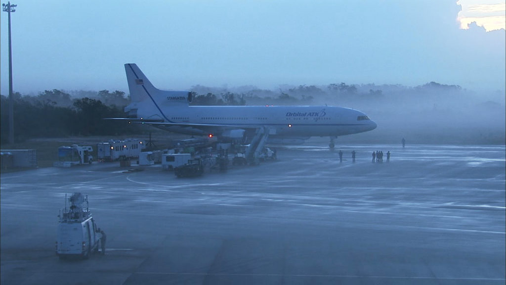Fog is visible in this image of the L-1011 aircraft. Credit: NASA Television