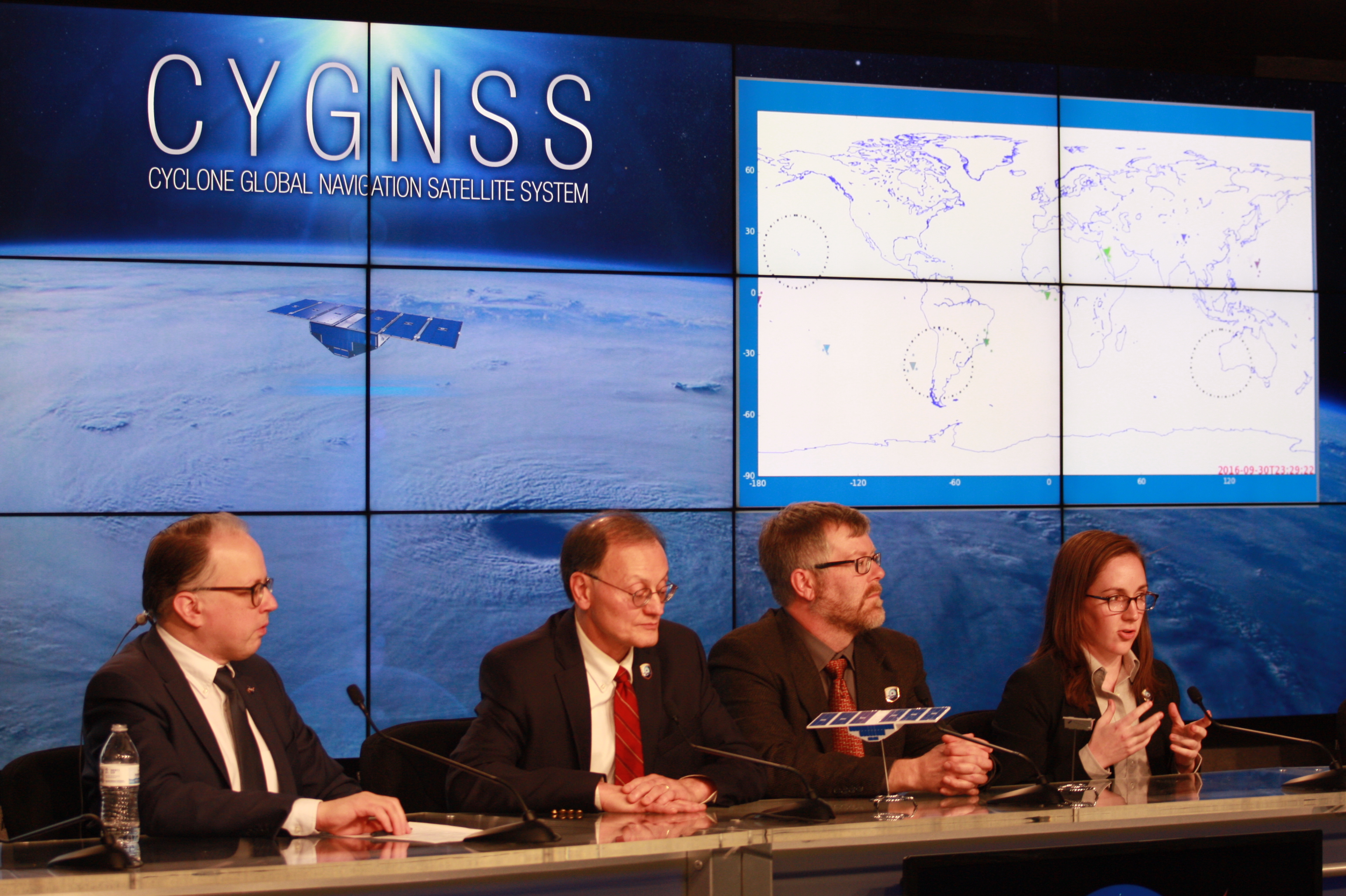 CYGNSS Science Press Brief, From left to right: Sean Potter, Chris Ruf, Aaron Ridley, and me (Mary Morris). Photo Credit: Frank Marsik