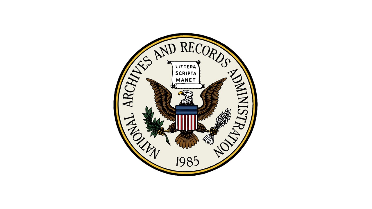 seal of the national archives with eagle illustration holding parchment and branches