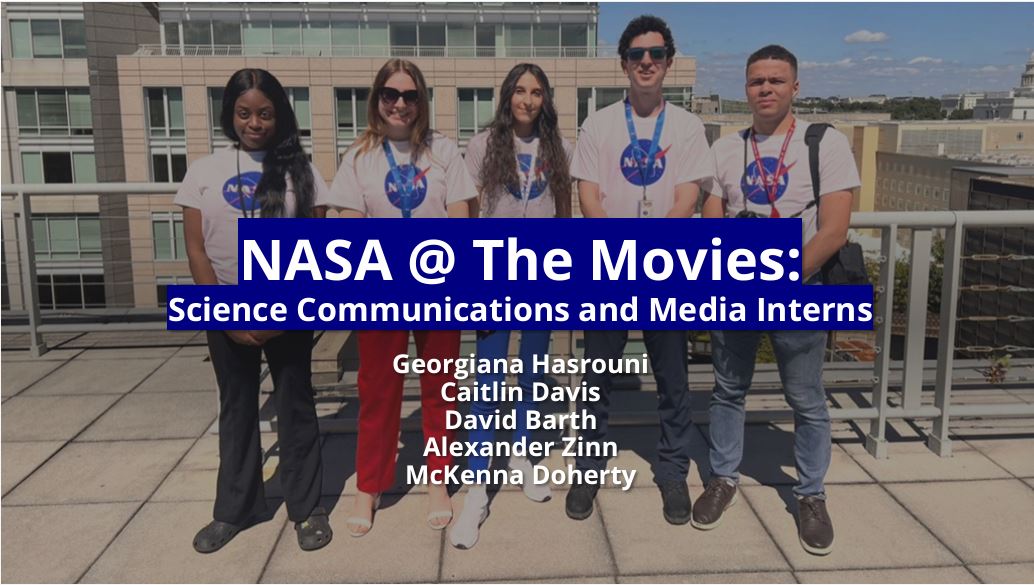 five NASA interns with insignia T-Shirts photographed on the building's rooftop terrace