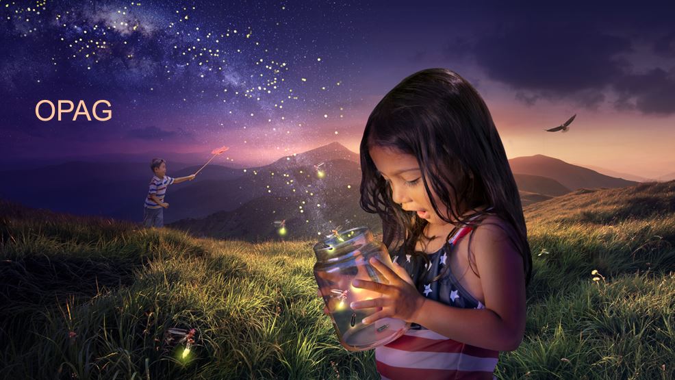 title slide with background illustration of girl opening jar of fireflies becoming stars