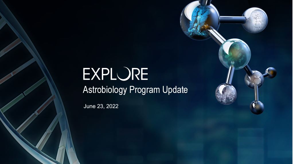 title slide with white text on dark teal background, illustrations of double helix and microbes to the left and right