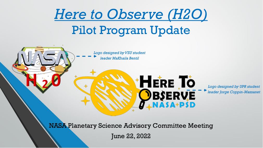 title slide with blue text on light gray background and identifiers for H2O program