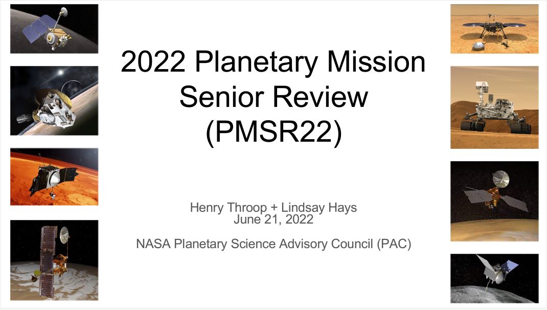 title slide with black text on white background in middle, flanked by four spacecraft images on either side