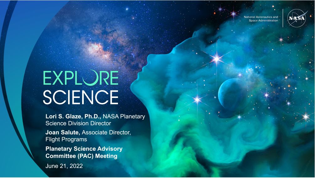 title slide with background image of woman's head made from cosmic materials in greens and blues