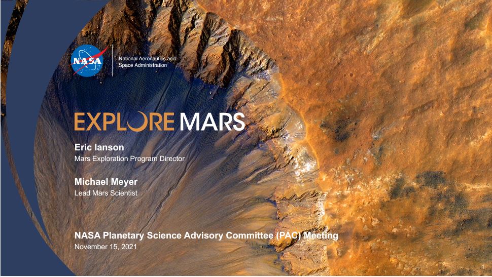 title slide with image of Mars crater in background