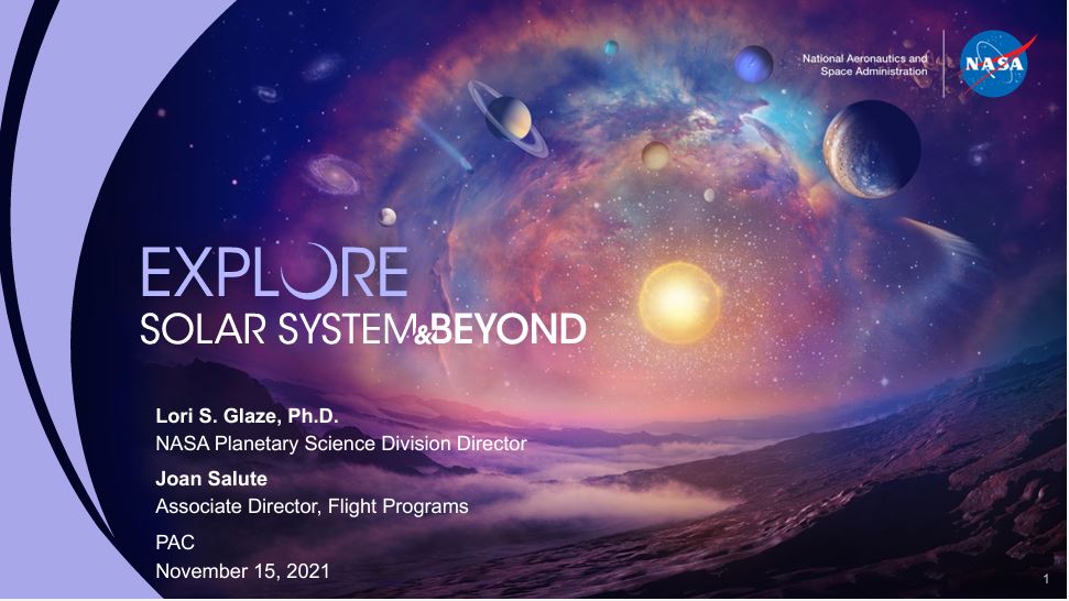 title slide with illustrated planets arrayed in purple-blue colors