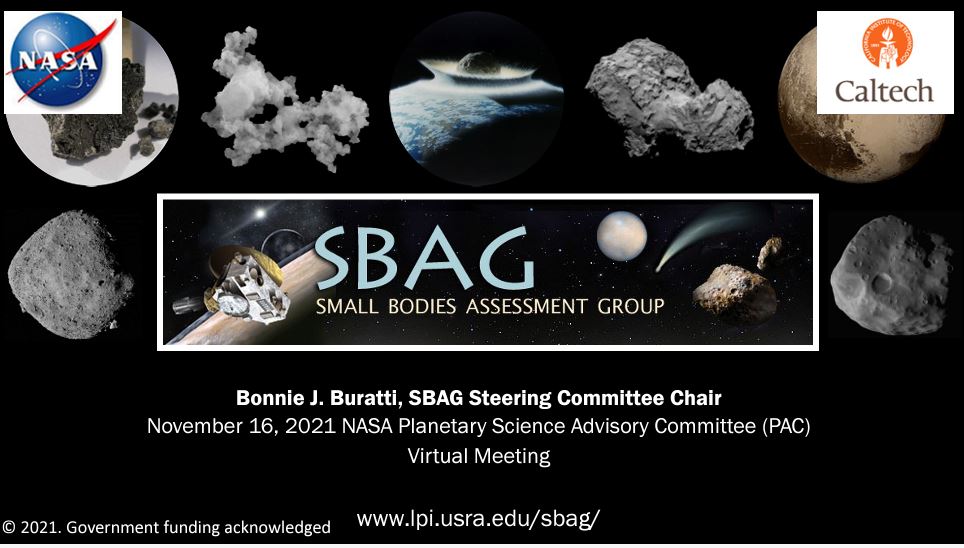 busy title slide with images of asteroids, NASA and Caltech logos, and text on black background