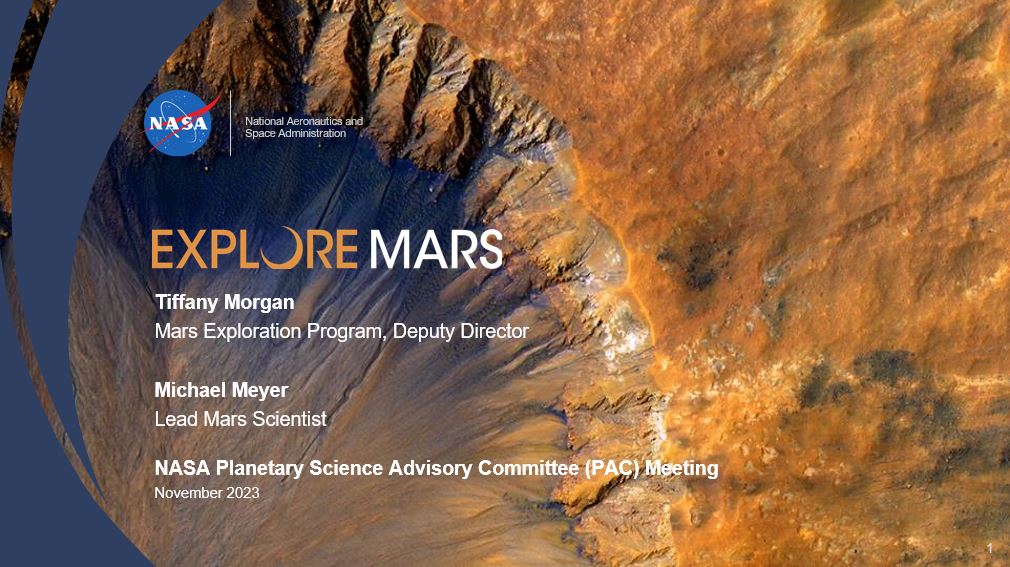 Title slide for MEP update showing Mars surface image in background