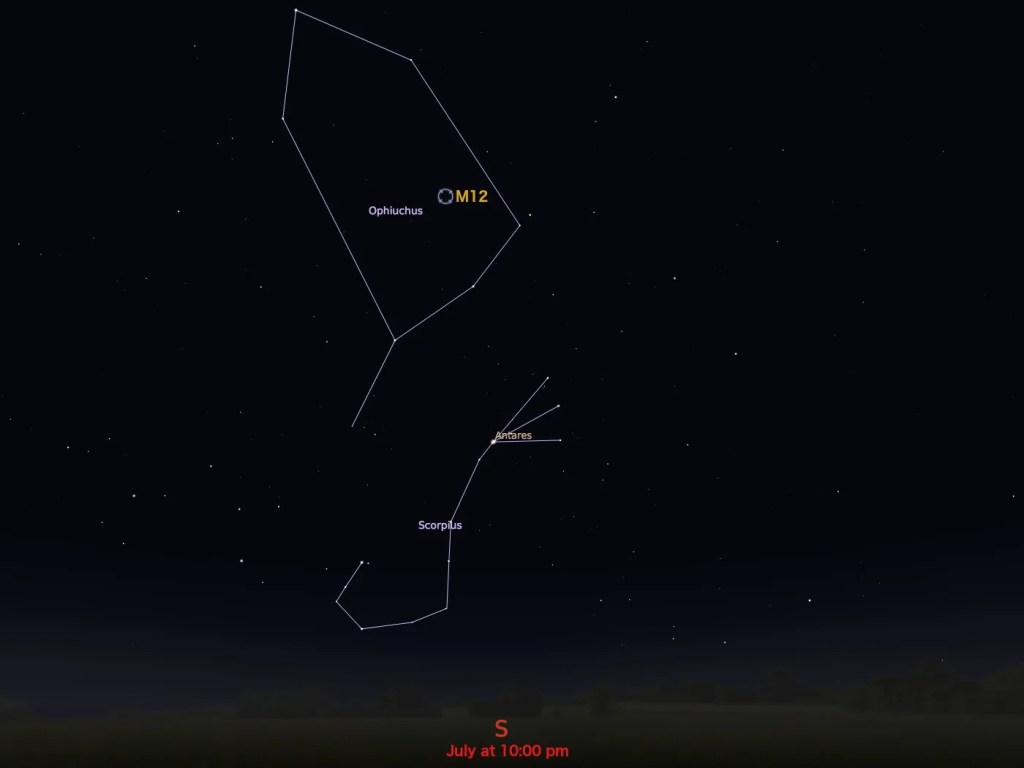 Locator sky chart for Messier 12. Black background with stars and constellation outlines. Constellations include Ophiuchus (top center) and Scorpius (bottom center).