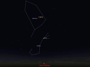 Locator sky chart for Messier 12. Black background with stars and constellation outlines. Constellations include Ophiuchus (top center) and Scorpius (bottom center).