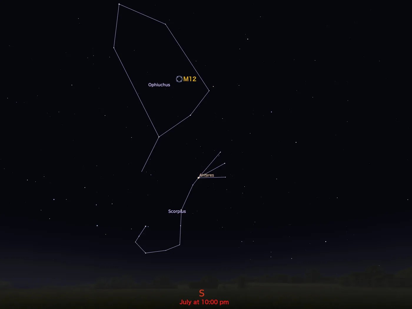 Locator sky chart for Messier 12. Black background with stars and constellation outlines. Constellations include Ophiuchus (top center) and Scorpius (bottom center).