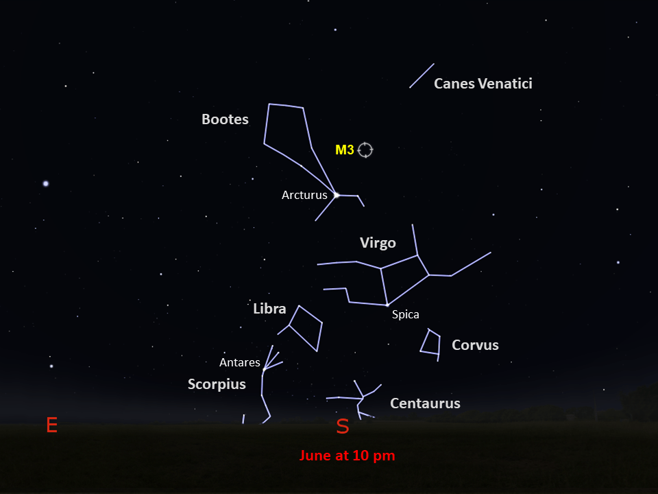 Annotated star chart of Messier 3 for the northern hemisphere.