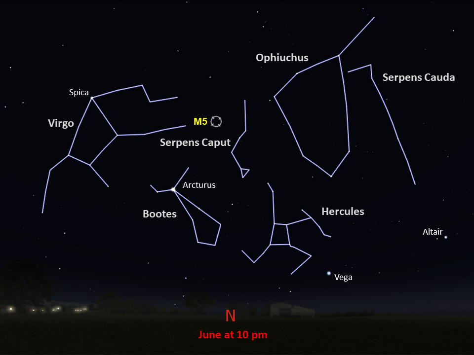 Annotated star chart of Messier 5 for the southern hemisphere.