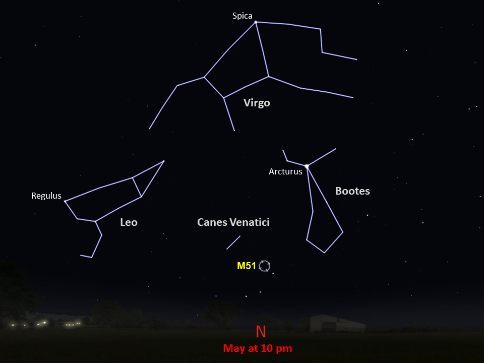 A star chart shows M51 as seen from the Southern Hemisphere in the northern night sky in May at 10pm.