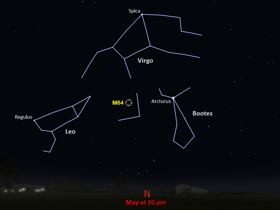 A star chart shows M64 as seen from the Southern Hemisphere in the northern night sky in May at 10pm.