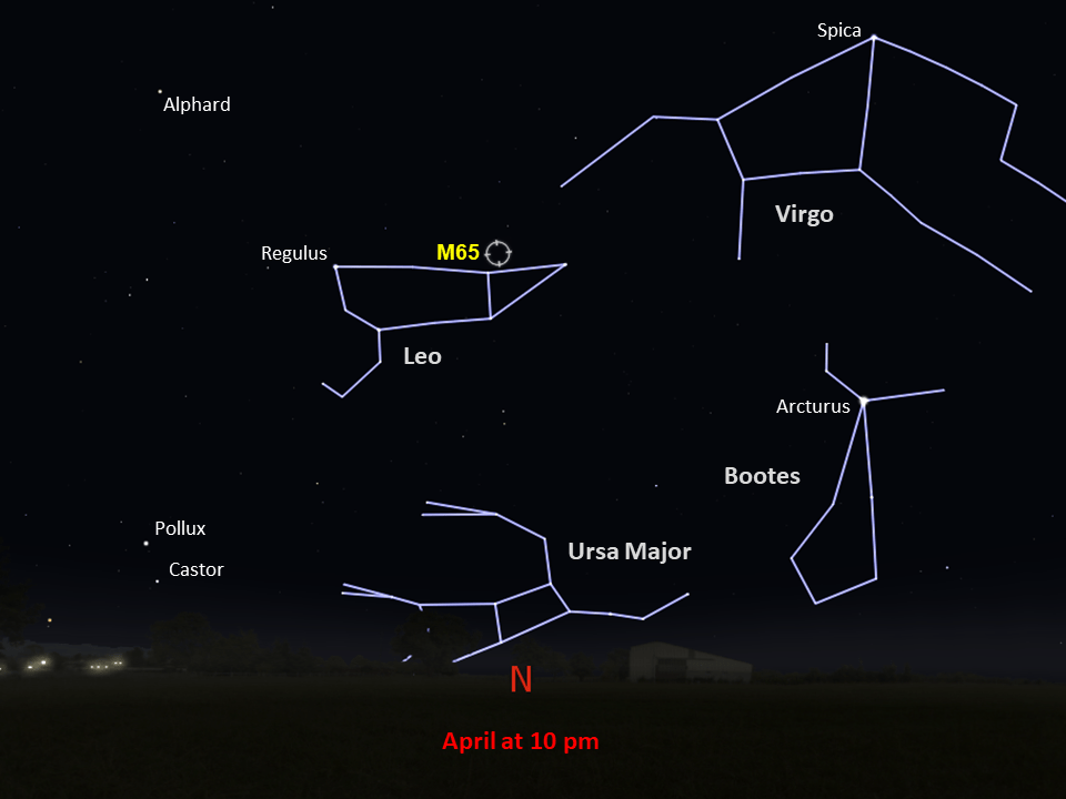 Annotated star chart for M65 in the southern hemisphere, facing the northern sky in April at 10 PM.