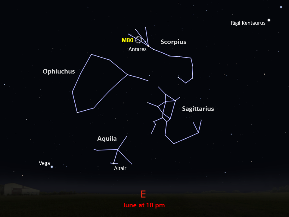 Annotated star chart of Messier 80 for the southern hemisphere.