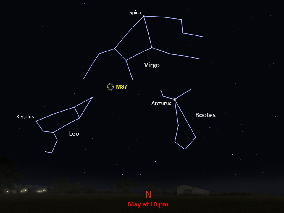 A star chart shows M87 as seen from the Southern Hemisphere in the northern night sky in May at 10pm.