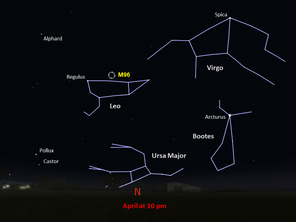 Annotated star chart for M96 in the southern hemisphere, facing the northern sky in April at 10 PM.