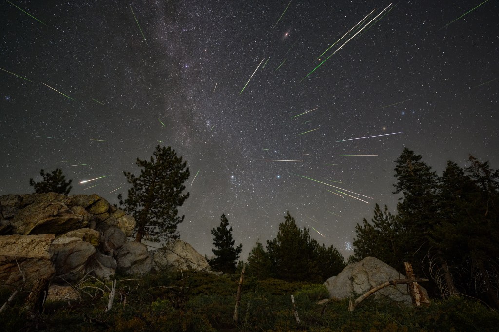 Dark sky with streaks of light from the Perseid meteor shower.