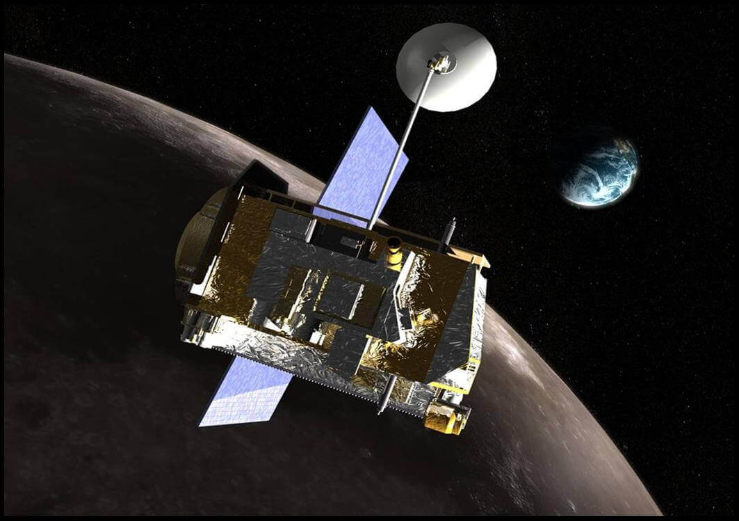 An illustration of a spacecraft above the Moon with Earth in the background.