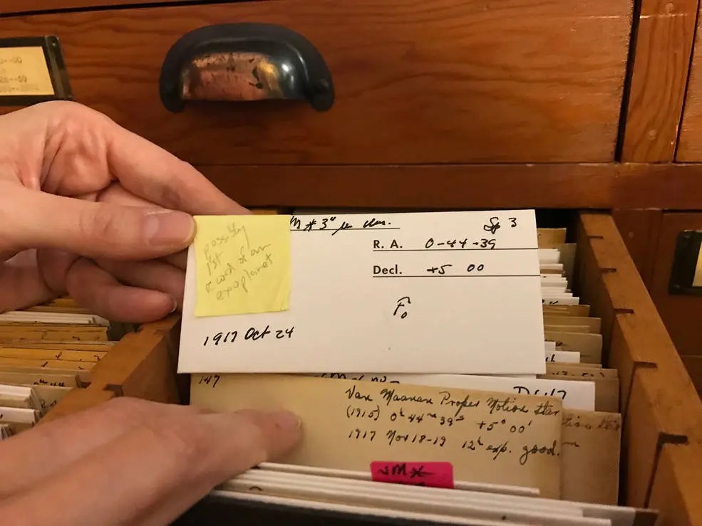 Close-up photograph of an index card from the chest of drawers with information about van Maanen's Star handwritten on it.