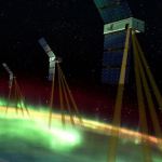 Artist's concept of three EZIE spacecraft in space. Positioned above Earth, the EZIE spacecraft have brown beams directed downward at green auroras.