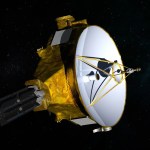 Illustration of a gold spacecraft with a silver dish on the front floating in space