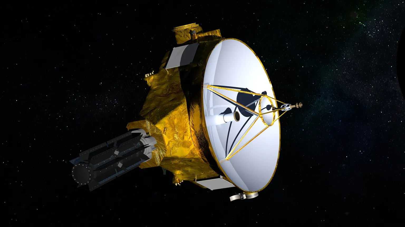 Illustration of a gold spacecraft with a silver dish on the front floating in space