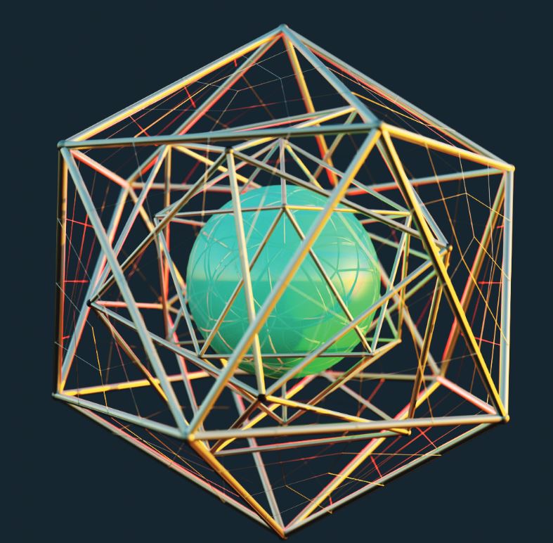 A green globe inside bronze-colored multi-sided grid.