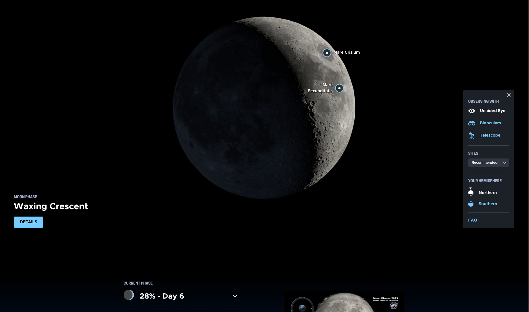 Screenshot from the NASA daily Moon guide webpage, showing the Moon's current phase and other useful data.