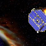 An illustration of a spacecraft with blue solar panels on the front and instruments sticking out explores space with Earth visible in the darkness of space..