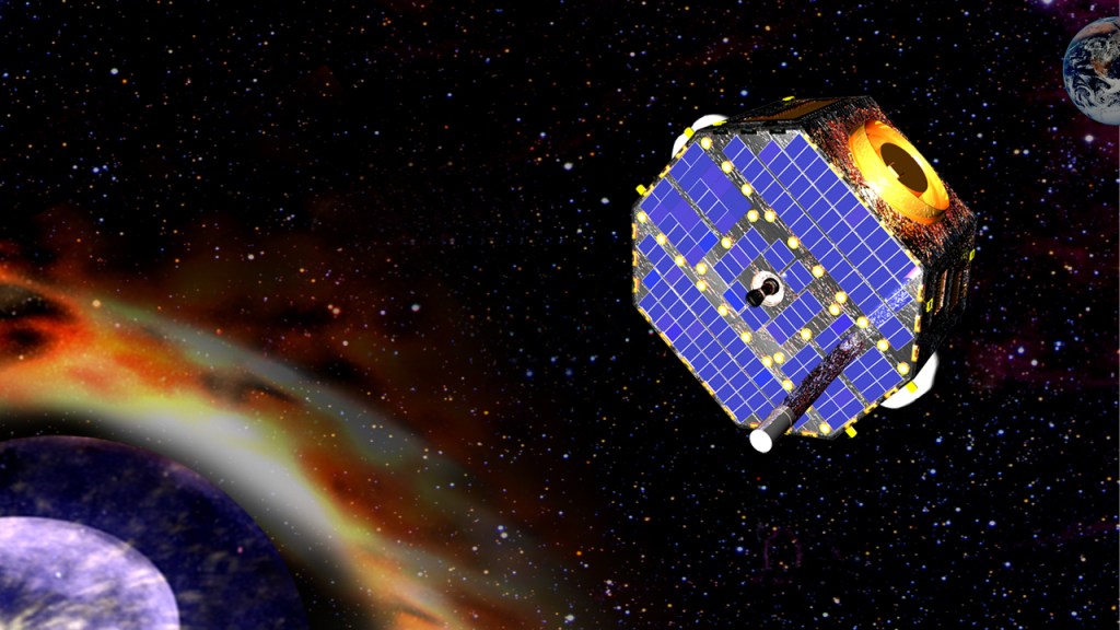 An illustration of a spacecraft with blue solar panels on the front and instruments sticking out explores space with Earth visible in the darkness of space..