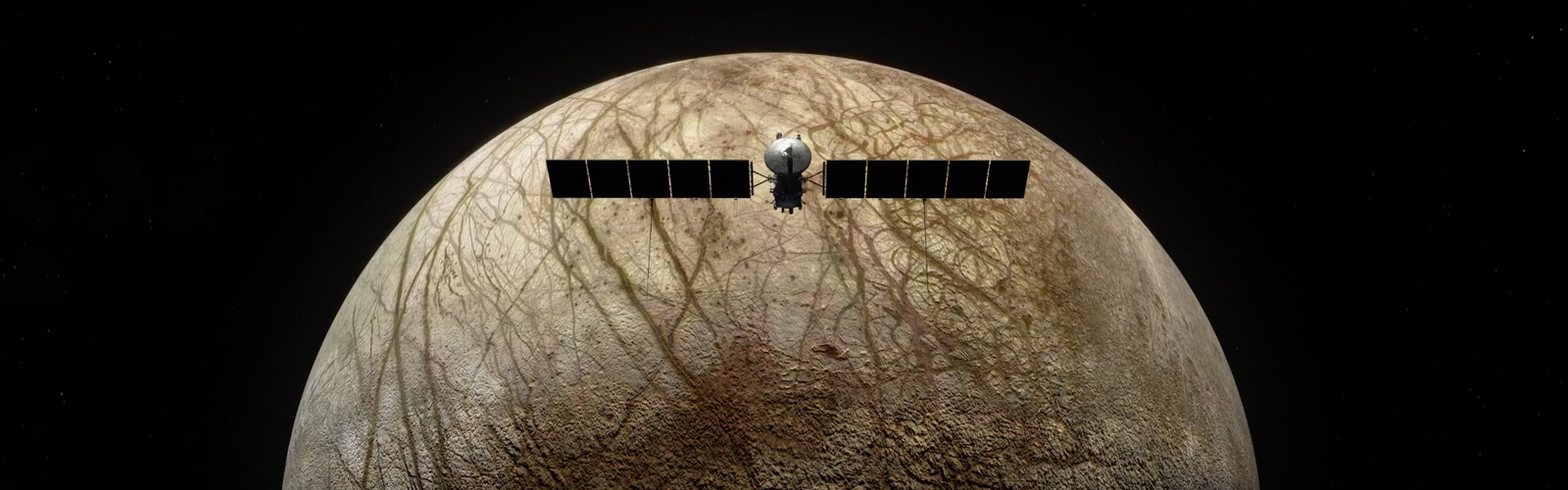 Jupiter's moon Europa with an illustration of the Europa Clipper spacecraft in front of it.