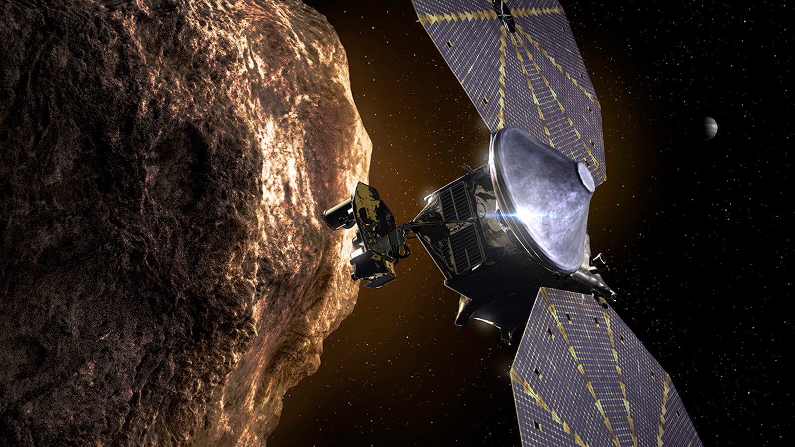 Artist's concept of the Lucy orbiter with its distinctive round solar panels as it flies past a Trojan asteroid near Jupiter.