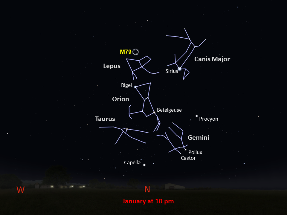 This Southern Hemisphere star chart shows the location of Messier 79 in the northern part of night sky at 10pm in January.