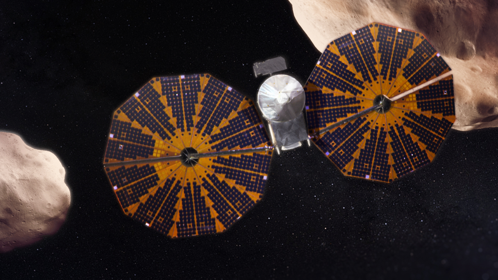 Artist's view of what the Lucy spacecraft, with its big round solar panels, might look like flying past one of its asteroid targets.