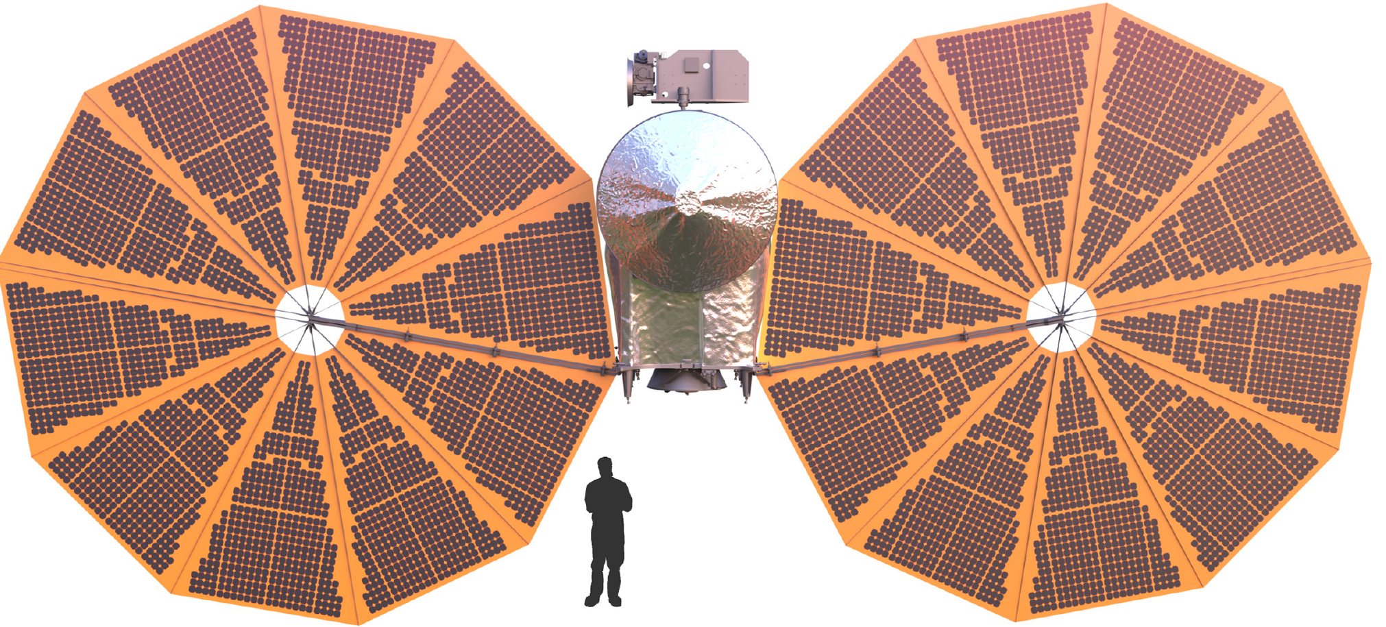 This illustration shows the Lucy spacecraft to scale of a human. The person is about a third as tall as a solar panel. The spacecraft is more than 50-feet across.