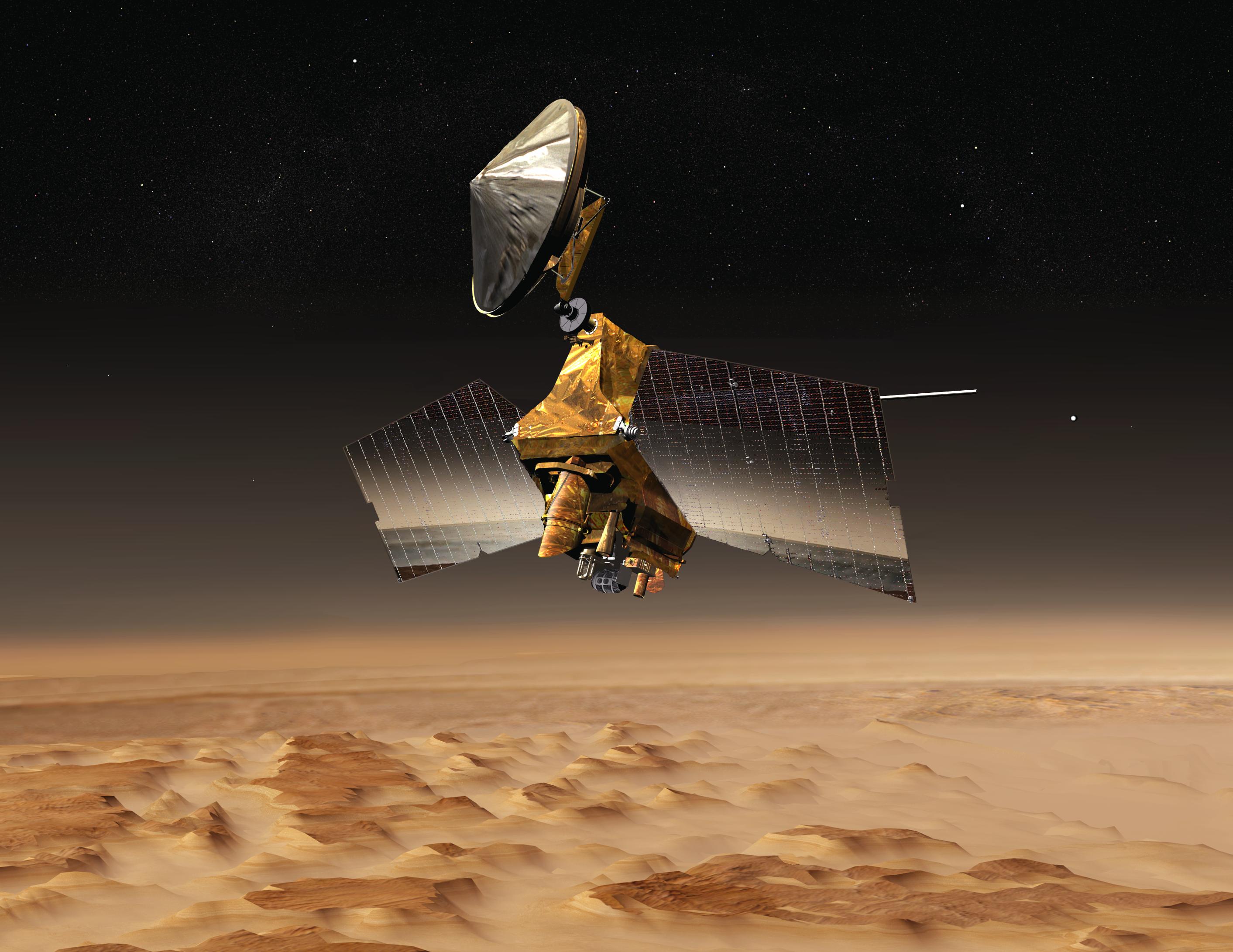 An illustration of a spacecraft over Mars