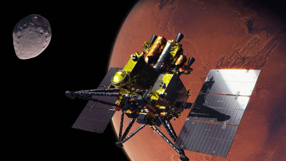 Illustration of a spacecraft over Mars. The moon Phobos is shown in the background at an exaggerated scale.