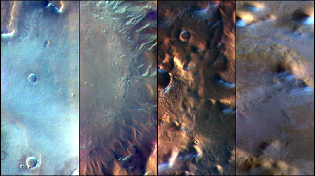 Four side-by-side images, overhead views of different landscapes on Mars: The first image shows a flat area with a few small craters. The terrain around the edge of the frame is a dull copper color, while the rest is very bright, in shades of very light green and turquoise. The second image appears to be a crater or valley, but looks like the right half of a sunflower bloom, although colored in shades of tan and brown, except for the petals at the top of the frame, which are highlighted in very light shades of mint green. The third image shows a much more uneven and rocky surface, with rust-colored craters and outcroppings; on each of those the south-facing edges are dabbed with higlights of whitish light blue. The fourth image is of mostly flat ground, colored a dull copper, resembling a face with rocky outcroppings creating two eyes up top, a nose in the middle, and a crooked mouth at the bottom of the frame. The eyes shine brightly and the nose is highlighted slightly in bright blue, coloring the south-facing slopes.