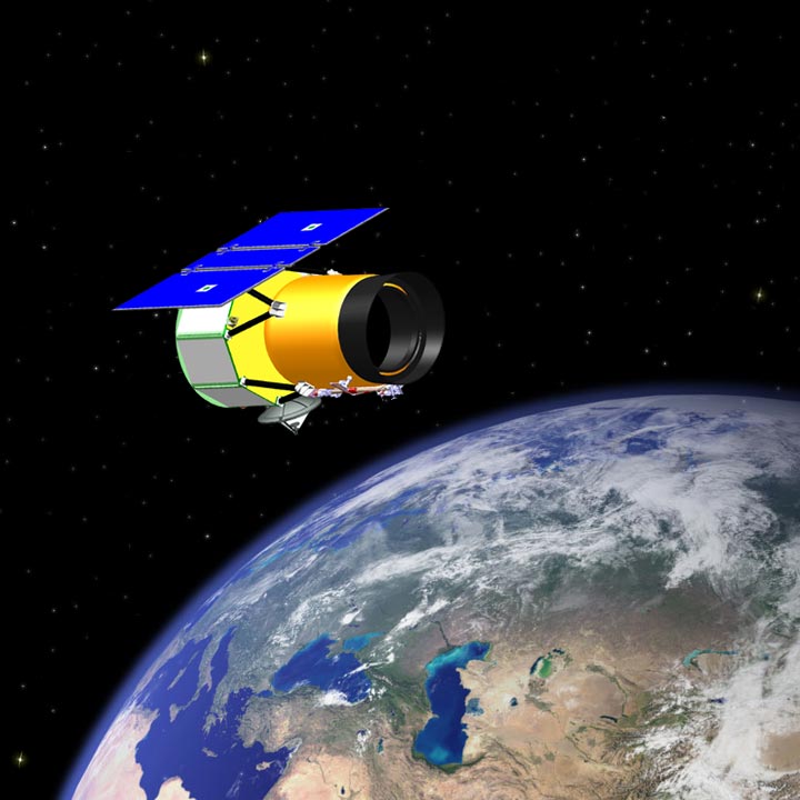 Illustration of a gold and blue spacecraft orbiting Earth