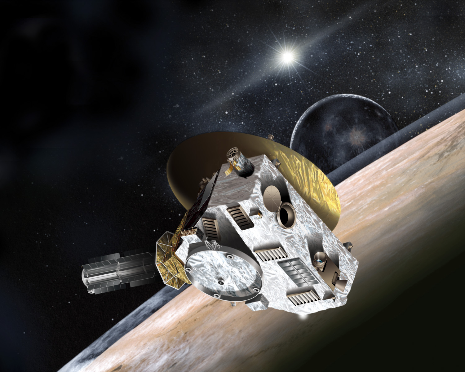 An artist's concept shows a spacecraft flying over the limb of Pluto with the moon Charon and the Sun in the background. The Sun is small and bright at this distance.