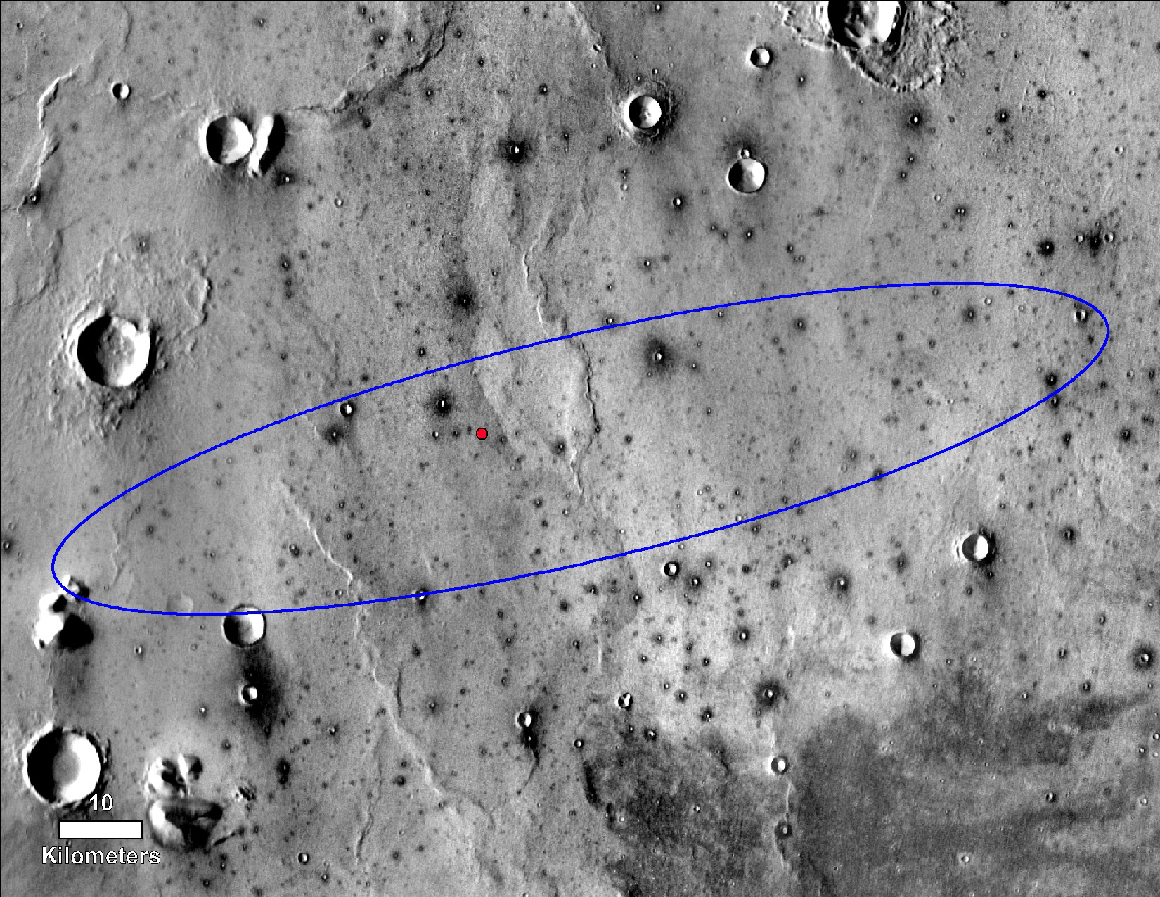 This black and white orbital view of Mars is marked with the InSight landing site.