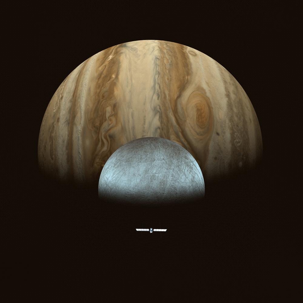 This artist's concept depicts a silver Europa Clipper spacecraft approaching a gray Europa with Jupiter looming large behind the moon.