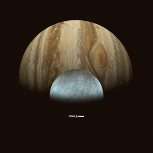 This artist's concept depicts a silver Europa Clipper spacecraft approaching a gray Europa with Jupiter looming large behind the moon.