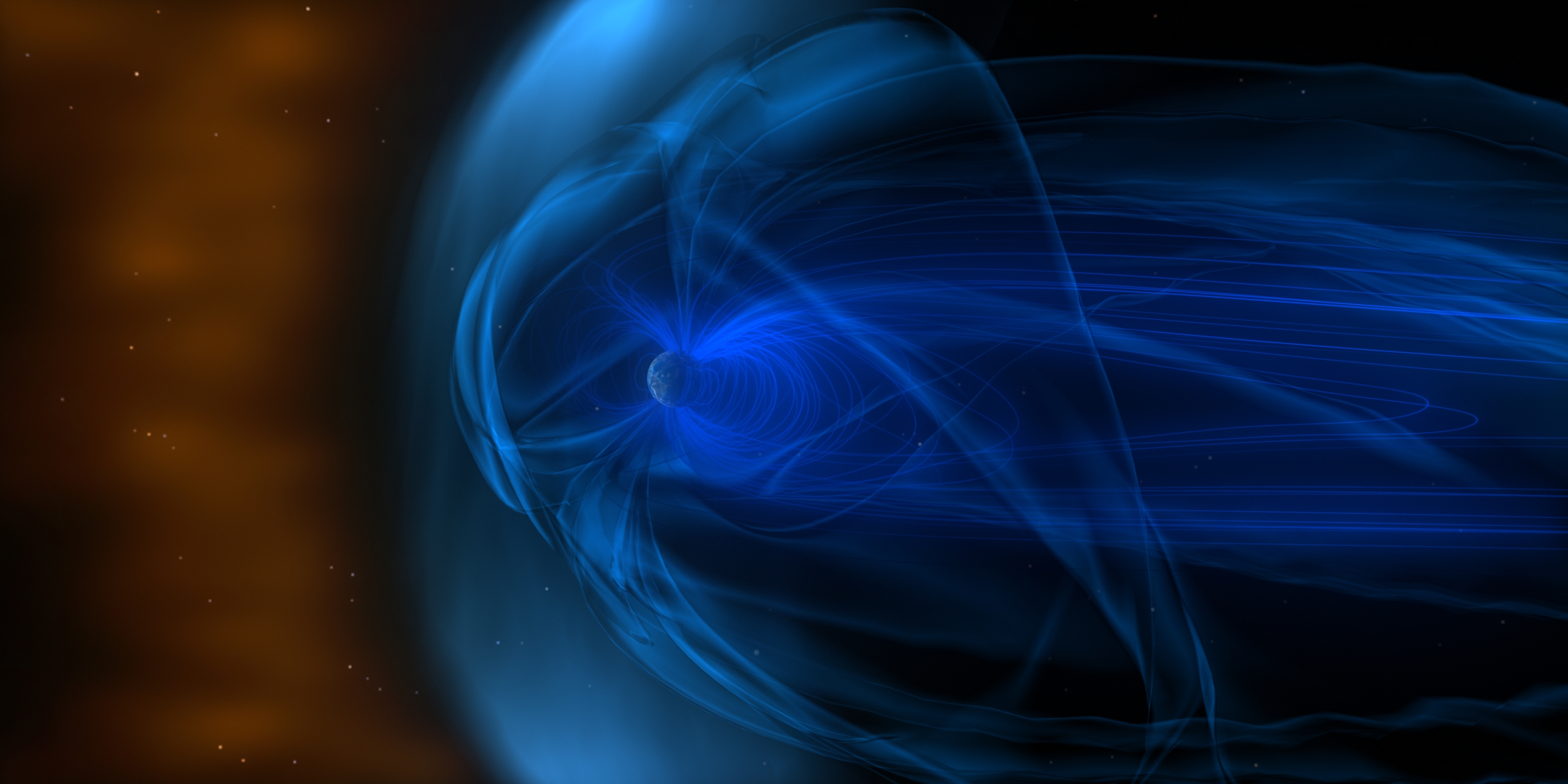 Blue lines around WIND spacecraft illustrating Earth's magnetic field